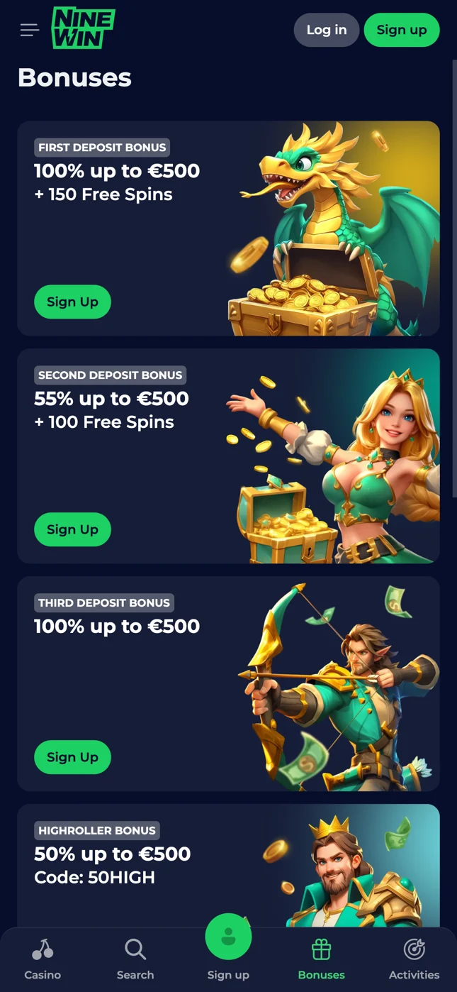 NineWin bonuses page on a phone